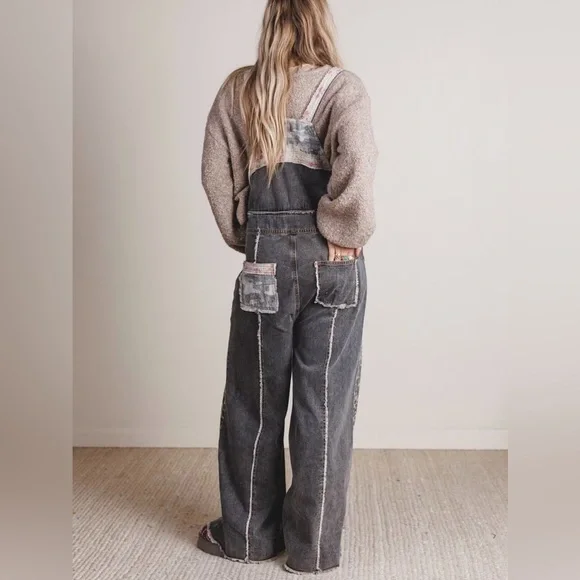 POL Patchwork Leopard Print Floral Camo Patch Boho Overalls - Picture 7 of 16